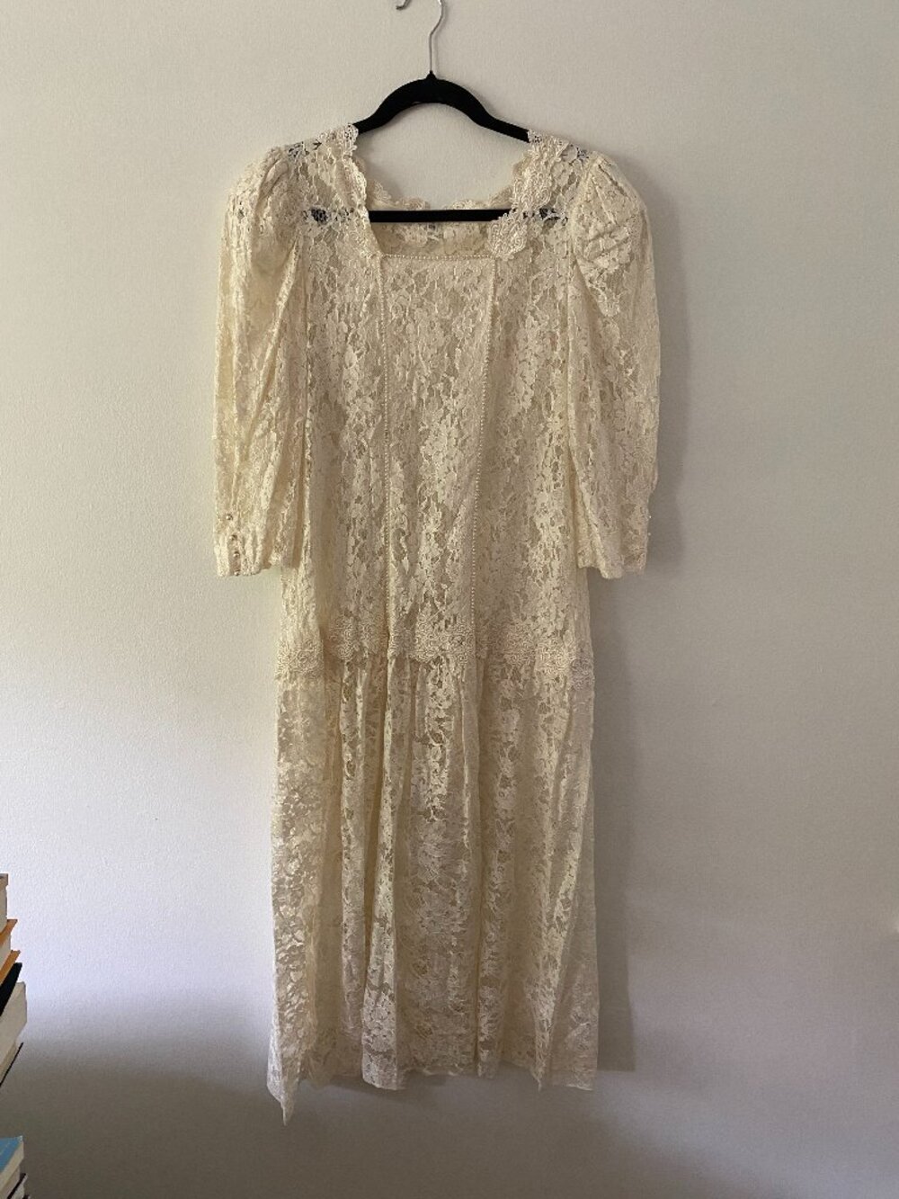 Vintage 1980s Cream Sheer Lace Pearl Puff Sleeve Drop Waist Wedding Gown 14